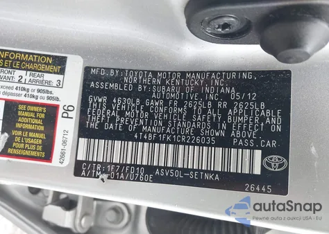 2012 Toyota Camry Le z USA, uszkodzony, nr VIN 4T4BF1FK1CR226035
